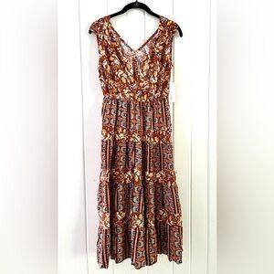 Lapis Boho Brown Patterned Midi Dress, Sz S (P2P 18”)